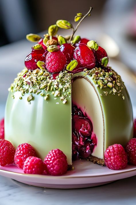 Create a stunning Pistachio Raspberry Dome Cake with pistachio mousse, raspberry insert, sponge base, and mirror glaze. Pistachio Mousse, Mousse Raspberry, Pistachio Raspberry, Dome Cake, Bread Sticks Recipe, Mirror Glaze, Baking Blog, Home Baking, Almond Recipes