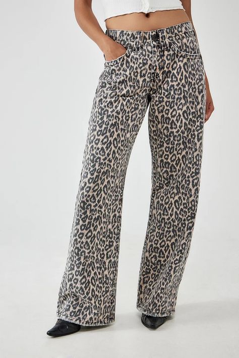 BDG Kayla Lowrider Leopard Print Jeans | Urban Outfitters UK Womens Low Rise Jeans, Jeans Urban Outfitters, Printed Denim Jeans, Collage Outfits, Leopard Jeans, Low Waisted Jeans, Leopard Print Jeans, Leopard Pants, Print Jeans