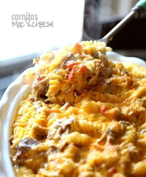 Carnitas Mac and Cheese | Crockpot Pulled Pork Mac and Cheese Recipe Spicy Mac And Cheese, Slow Cooker Carnitas, Pork Carnitas Recipe, Best Easy Dinner Recipes, Cookies And Cups, Pork Carnitas Slow Cooker, Pork Shoulder Recipes, Cheesy Mac And Cheese, Carnitas Recipe