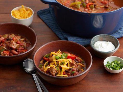 Hearty Sirloin Chili Recipe | Food Network Kitchen | Food Network Sirloin Chili, Chili Recipe Food Network, Meaty Chili, Chili Food, Steak Chili, Jalapeño Peppers, Squash Pasta, Entertaining Food, Jalapeno Peppers