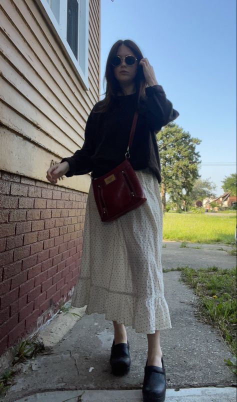 Cashmere sweater. Polka dot maxi skirt. Dansko clogs. Red leather purse. Clogs And Skirt Outfit, Styling Dansko Clogs, Clogs And Dress, Mia Clogs Outfit, How To Wear Dansko Clogs, Dansko Clogs Outfit Professional, How To Style Dansko Clogs, Clogs Winter Outfit, Leather Clogs Outfit