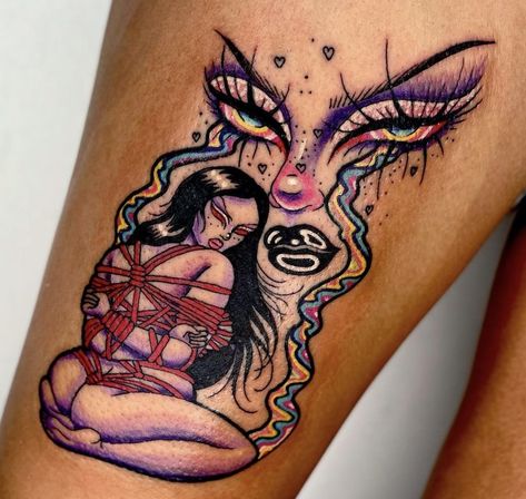 Colorful Trippy Tattoos, Trippy Fairy Tattoo, Acid Tattoo Ideas, Trippie Tattoos, Psycodelic Tattoo, Unique Tattoo Designs Creative, Phycadelic Tattoo, Crazy Tattoo Ideas, Weird Tattoos Unique