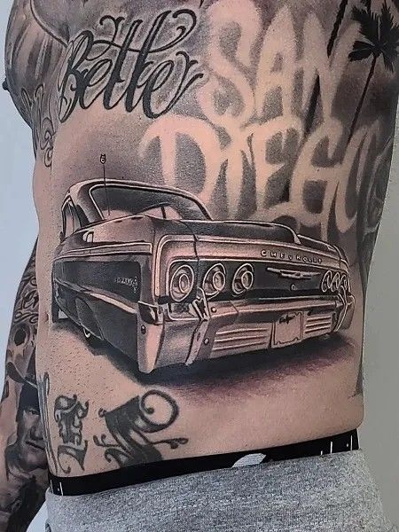 Car Tattoos Old School Car Tattoo, Car Tattoo Design, Mechanic Tattoo, La Tattoo, Cool Arm Tattoos, Pixar Films, Car Tattoos, Detailed Tattoo, Tattoo Design Ideas