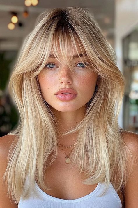 Golden Blonde Shag with Curtain Bangs Blonde Hair Curtain Bangs Short, Bangs Hairstyles Blonde, Curtain Bangs Medium Hair With Layers, Layered Hair Wispy Bangs, Blonde With Bangs Medium, Blonde Shag With Curtain Bangs, Long Blonde Hair With Curtain Bangs, Blonde Hair Side Bangs, Bangs For Diamond Face Shape