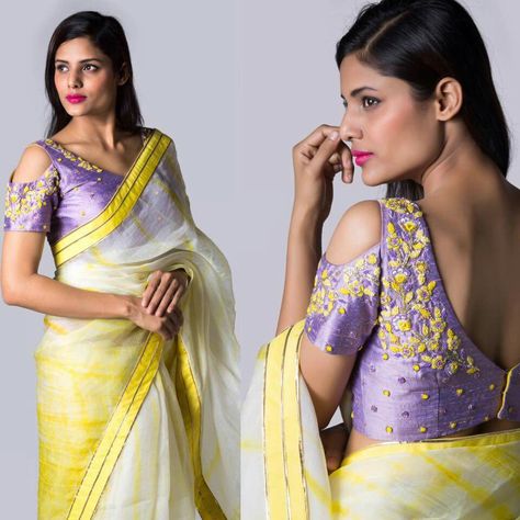 Cold shoulder blouse Cold Shoulder Saree Blouse, Cold Shoulder Blouse Designs, Cotton Blouse Pattern, Gold Blouse Designs, Sari Blouses, Blouse Works, Kalamkari Blouse, Blouse Designs High Neck, Embroidery Blouses