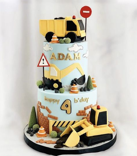 2 Tier Construction Cake, Vehicle Theme Cake, 3rd Birthday Cakes For Boys, Cute Birthday Cake Ideas, Construction Theme Cake, Excavator Cake, Construction Birthday Cake, Truck Birthday Cakes, Boys First Birthday Cake