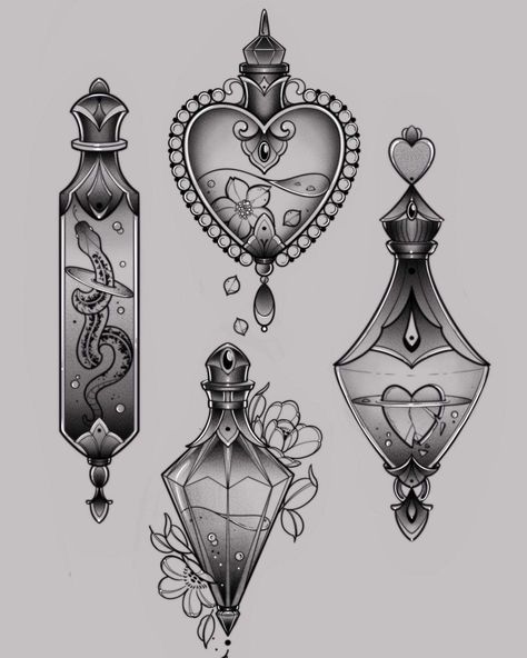 Poison Tattoo Design, Neo Traditional Potion Bottle Tattoo, Aqua Tofana Tattoo Traditional, Feminine Pirate Tattoo, Aqua Tofana Tattoo Design, Potion Tattoo Design, Heart Potion Bottle Tattoo, Crystals Tattoo Ideas, Potion Bottles Tattoo