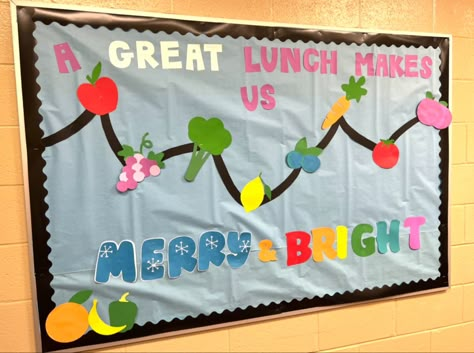 Lunch Room Bulletin Boards Elementary Schools, Christmas School Cafeteria Decorations, Cafeteria Christmas Bulletin Board, Christmas Bulletin Board Ideas For Cafeteria, Christmas Bulletin Boards For School Cafeteria, School Kitchen Decorations, Winter Cafeteria Bulletin Boards, Elementary Cafeteria Decorations, Lunch Lady Door Decorations