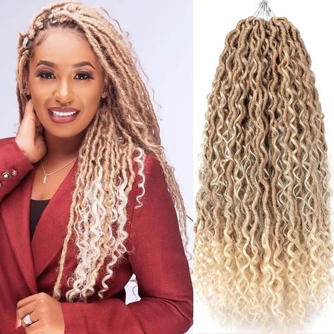 Ombre Brown&Blonde River Locs Crochet Hair, 18 Inch Boho Goddess Locs Crochet Hair,Hippie River Locs Crochet Braids,New Faux Locks With Curly Ends,Pre looped Crochet Hair For Black Women(5 Packs,18",T27/613#) Pre Looped Crochet Hair, Faux Locs Goddess, Boho Goddess Locs, Curly Faux Locs Crochet, Crochet Goddess, Goddess Locs Crochet, Goddess Faux Locs, Curly Fashion, Curly Faux Locs