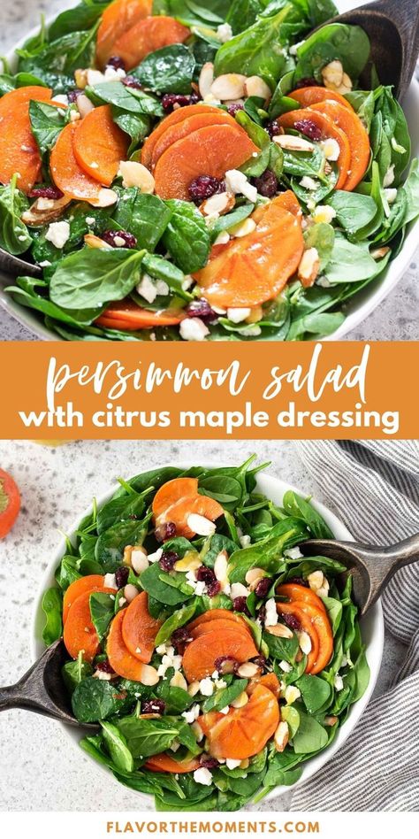 Persimmon salad with baby spinach Persimmon Salad Recipe, Apple Cider Dressing, Cider Dressing, Persimmon Salad, Persimmon Recipes, Vegetarian Salad, Recipes Savory, Yummy Salads, Fresh Salad Recipes