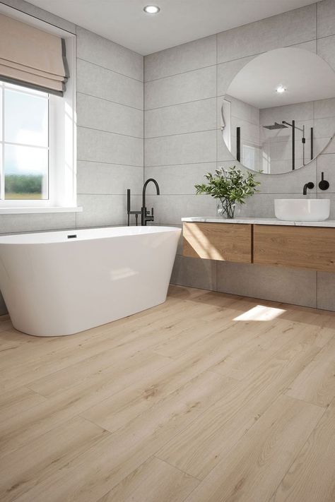 Talise Sandy Oak has a soft neutral feel that brings a sense of calm and warmth into any room Light Wood Flooring Bathroom, Modern Bathroom Wood Floor, Light Floor Bathroom Ideas, Bathrooms Wood Floors, Oak Tiles Bathroom, Wood Flooring Bathroom Ideas, Bathroom With Laminate Wood Floor, Wooden Floors Bathroom, Neutral Colour Bathroom Ideas