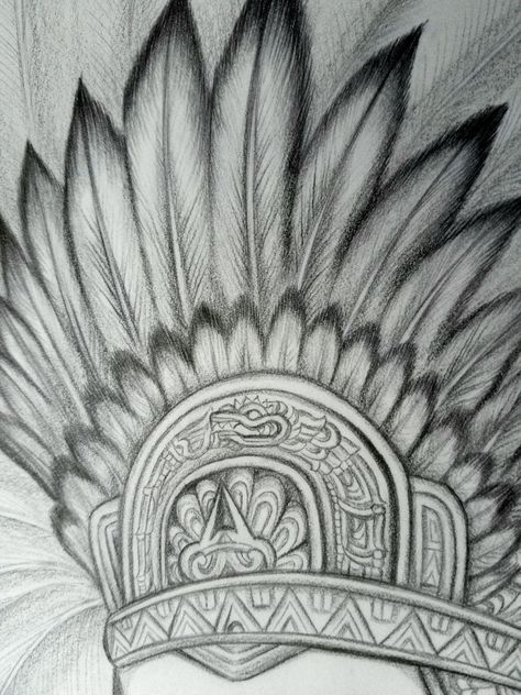 Aztec feather headdress drawing work in progress. Pencil sketch by Sherrie Thai of Shaireproductions.com Aztec Crown Tattoo, Aztec Headdress Drawing, Aztec Headdress Tattoo, Aztec Drawing Sketches, Aztec Feather Headdress, Aztec Crown, Aztec Art Drawings, Headdress Drawing, Warrior Symbol Tattoo