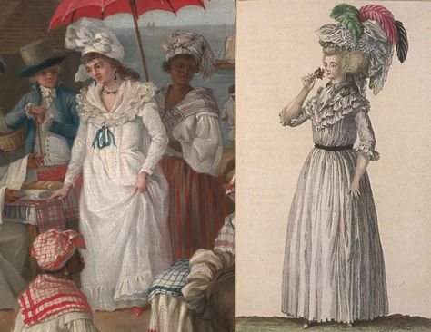 The French Antilles Creole style of women’s dress influence Marie Antoinette in her choice of a lighter cotton and less formal style she brought into mainstream fashion called Robe de Gaulle and later called Chemise a la Reine. It also caused widespread negative political backlash for the queen because the French fabric industry produced mostly luxury textiles such as silk and now cotton would be imported and not made in France. Caribbean Dress, Empress Josephine, Catherine De Medici, Riding Habit, Regency Era Fashion, Los Angeles City, City Museum, Long Gloves, The Empress