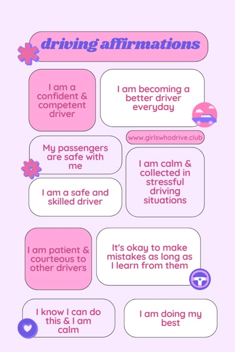 40 Driving Affirmations to Keep You Calm & Confident - Girls Who Drive Tips On Driving, Getting Over Fear Of Driving, Affirmation For A New Car, Fear Of Driving Quotes, Positive Driving Affirmations, How To Overcome Fear Of Driving, Learn How To Drive, Manifest Car Affirmations, Driving Test Affirmations