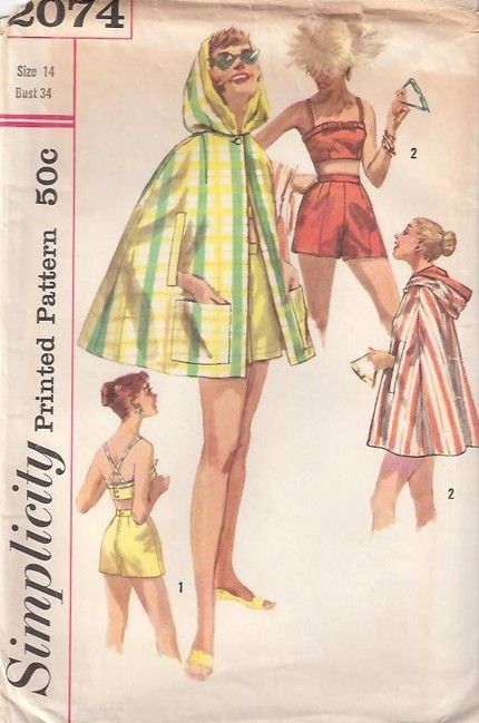 Simplicity 2074 ©1957 Bra, Shorts, and Hooded Cape 1940s Playsuit, Beach Jacket, 1950s Sewing Patterns, Patron Vintage, Cape Pattern, Vintage Bathing Suits, Vintage Swim, Resort Fashion, Hooded Cape