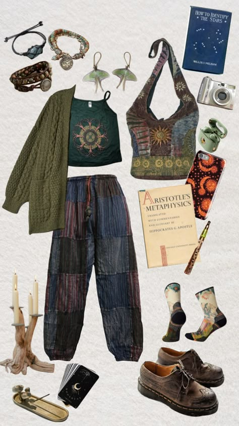 simple hippie fit ! Hippie Outfit Inspiration, Alt Hippie Outfit, Autumn Hippie Outfits, Easy Hippie Outfits, Hippe Outfit Aesthetic, Warm Hippie Outfits, Comfy Hippie Outfit, Modest Hippie Outfits, Boho Earthy Outfits