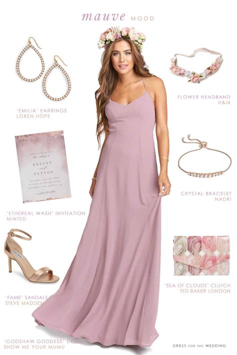 Boho bridesmaid outfit. Mauve maxi dress for bridesmaids and wedding guests. Mauve Dress Outfit Wedding, Mauve Maxi Dress, Rose Pink Bridesmaid Dresses, Dress For The Wedding, Mauve Bridesmaid, Mauve Bridesmaid Dress, Wedding Accessories For Bride, Fall Wedding Hairstyles, Dress For A Wedding