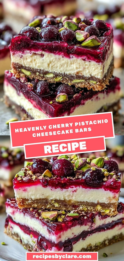 These Cherry Pistachio Cheesecake Bars are the ultimate indulgence! Featuring a buttery graham cracker crust, creamy cheesecake, cherry swirls, and pistachio topping, they’re the perfect dessert for any occasion.

Ingredients:

1 cup granulated sugar
1/2 cup chopped pistachios
3 large eggs
Enjoy the beautiful marbled design and rich flavors in every bite! Pistachio Graham Cracker Crust, Pistachio Crust Cheesecake, Heavenly Cherry Pistachio Cheesecake Bars, Pistachio Cheesecake Bars, Cherry Pistachio Cheesecake, Cherry Pistachio Cheesecake Bars, Pistachio Raspberry Cheesecake, Graham Cracker Crust Dessert Recipes, Christmas Tray Bakes