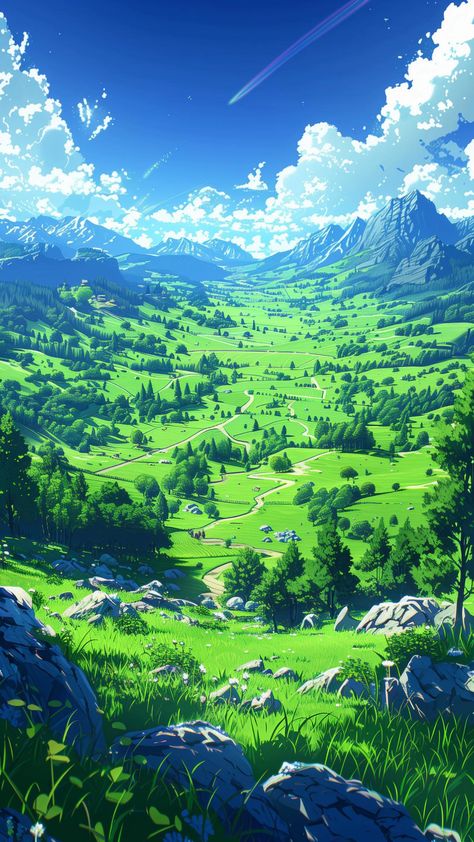 Green Anime Landscape, Anime Landscape, Iphone Wallpaper Landscape, Dreamy Artwork, Beautiful Locations Nature, Cool Wallpapers Art, Beautiful Landscape Wallpaper, Landscape Drawings, Fantasy Art Landscapes