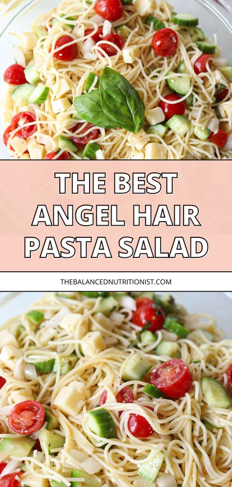 Try this cold angel hair pasta salad for a refreshing summer treat! This pasta salad with angel hair is the best cold dish for hot days. Featuring noodles, cucumber, and a tangy lemon vinaigrette, it's perfect as a potluck pasta salad or summer side dish. Enjoy this easy angel hair pasta salad at your next gathering! Easy Angel Hair Pasta, Potluck Pasta Salad, Angel Hair Pasta Salad, Angel Hair Noodles, Light Pasta Salads, Cooked Pasta Recipes, Angel Hair Pasta Recipes, Noodle Salad Cold, Pasta Salad Ingredients