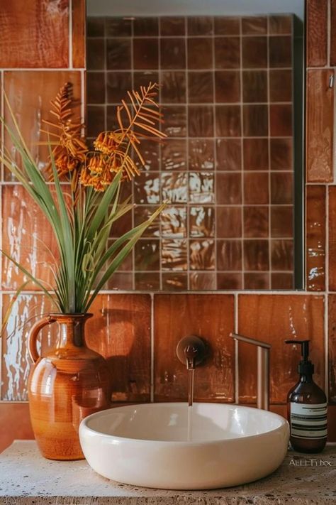 Warm Brown Tile Bathroom Inspirations Brown Tile Bathroom Floor, Brown Washroom, Brown Tile Bathroom Ideas, Brown Tile Floor Bathroom, Earthy Tone Bathroom, Brown Tile Bathroom Ideas Color Palettes, Warm Bathroom Colors Earth Tones, Bathroom With Brown Tile, Brown And Beige Bathroom