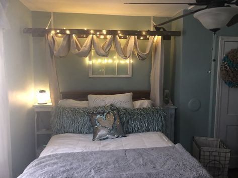 Hanging Ladder Over Bed, Ladder Canopy Over Bed, Ladder Above Bed, Candles Above Bed, Farmhouse Bed Canopy, Ladder Lights Hanging Bedroom, Ladder Over Bed, Things To Hang Above Bed Farmhouse, Diy Bedroom Wall Decor Above Bed