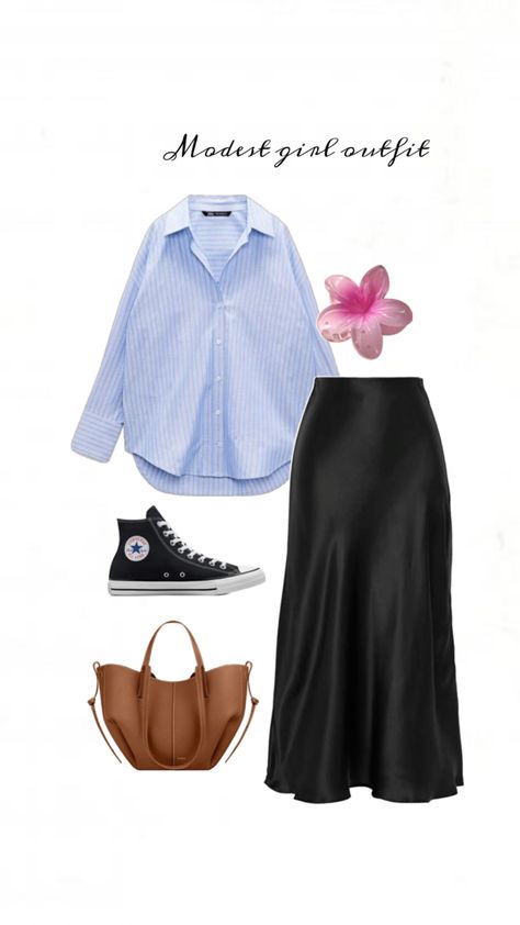 Blue striped shirt, black satin skirt , polene bag , flowery hair clip, converse shoes Blue Shirt Black Skirt Outfit, Shirt Black Skirt Outfit, Polene Bag, Black Satin Skirt, Black Skirt Outfits, Modest Girl, Blue Striped Shirt, Satin Skirt, Black Skirt