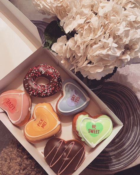 Valentine Donut Ideas, Heart Donut, Heart Shaped Foods Aesthetic, Krispy Kreme Valentines Day, Heart Donuts Valentines Day, Heart Shaped Donuts Aesthetic, Love Heart Sweets, Love Shape, Krispy Kreme