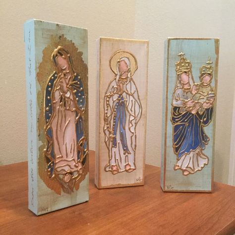 4 X 12 Mixed Media Painting of Our Lady of Fatima | Etsy Virgin Mary Art, Animal Art Projects, Catholic Decor, Catholic Crafts, Glazing Techniques, Art Cart, Lady Of Lourdes, Our Lady Of Lourdes, Cross Art