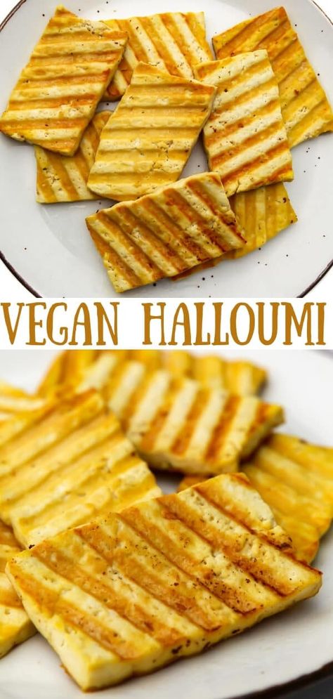 Vegan Halloumi cheese is easy to make with some tofu and a few simple vegan ingredients. It's a spongy slaty cheese that's delicious on salads, sandwiches, and greek style pasta dishes. thehiddenveggies.com How To Make Halloumi Cheese, Vegan Tofu Cheese, Greek Vegan Food, Gourmet Vegan Recipes, Tofu Halloumi, Tofu Cheese Recipe, Simple Vegan Breakfast, Vegan Tofu Recipes, Vegan Halloumi