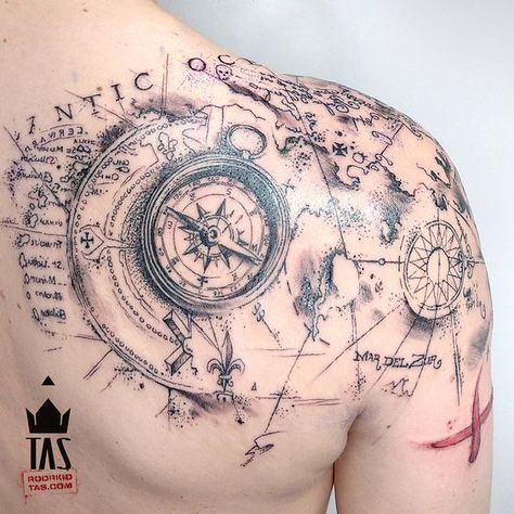 Tattoos Pirate Map Tattoo, Tatuaje Trash Polka, Nautical Tattoo Sleeve, Map Tattoo, Pirate Tattoo, Compass Tattoo Design, Sea Tattoo, Map Tattoos, Mens Shoulder Tattoo