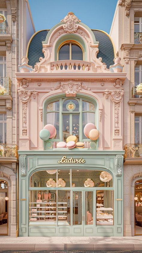 Macaron Shop Design, Paris Architecture Aesthetic, Paris Pastry Shop, Parisian Storefronts, Laduree Aesthetic, Macaron Store, Paris Laduree, French Chateau Homes, Patisserie Design