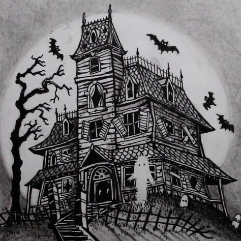 Dungeon Drawing, Spooky House Drawing Easy, Simple Haunted House Drawing, Haunted House Sketch, Spooky House Drawing, Hunted House Draw, Spooky Mansion Drawing, Easy Haunted House, Haunted House Ink Drawing