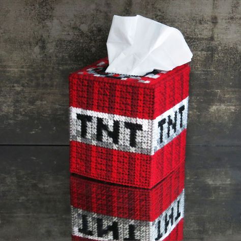 Picture of Minecraft TNT Tissue Box Cover Minecraft Tnt Block, Minecraft Diy Crafts, Minecraft Crochet, Minecraft Tnt, Everyday Crafts, Crochet Game, Diy Minecraft, Minecraft Bedroom, Minecraft Room