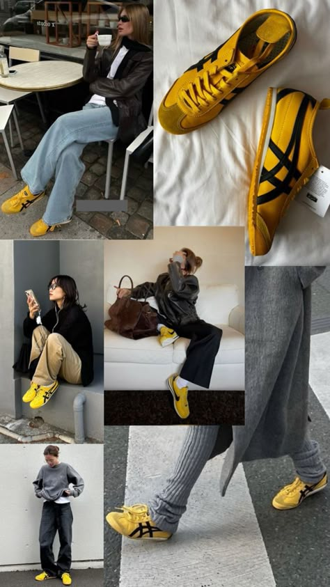 Onitsuka Tiger Women Outfit, Onitsuka Tiger Outfit, Onitsuka Tiger Women, Japan Outfits, Tiger Shoes, Cool Girl Outfits, Classic Style Outfits, Kill Bill, Yellow Shoes