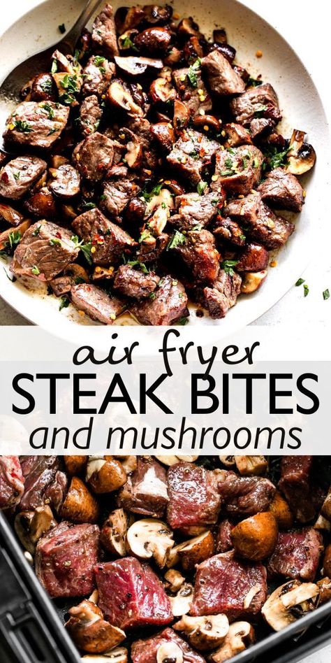 Steak And Mushroom Air Fryer, Steak And Mushrooms In Air Fryer, Beef Stew Meat Air Fryer Recipes, Meat And Veggie Meals Air Fryer, Tritip Steak Recipes Air Fryer, Steak And Veggies In Air Fryer, Air Fryer Steak Bites And Mushrooms, Air Fryer Steak And Veggies, Air Fryer Beef And Vegetables