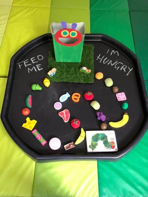 All About Me Tough Tray, Story Activities Eyfs, The Very Hungry Caterpillar Eyfs Tuff Tray, Tuff Tray Book Ideas, Summer Provocations Preschool, Schemas Early Years Activities, Eyfs Hungry Caterpillar Activities, October Tuff Tray Ideas, Messy Tray Ideas Eyfs