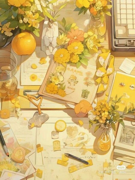 Spring Theme Wallpaper Iphone Wallpapers, Kawaii Wallpaper Yellow, Drawn Scenery, Desk Artwork, Dreamy Artwork, Cute Food Art, Theme Background, Bubble Art, Yellow Art