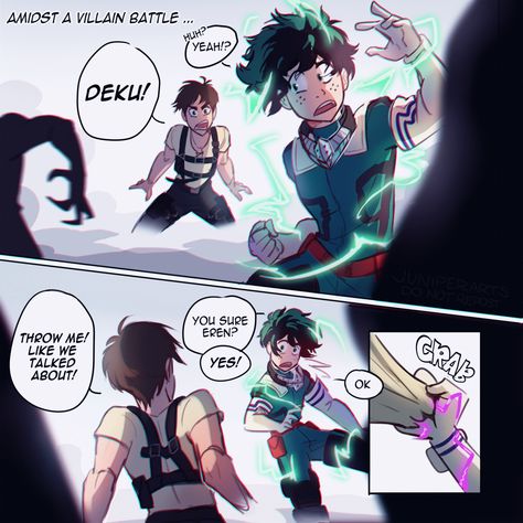 — I finally got around to drawing this idea 💪 read... Crossover Comic, Mha Fanfic, Attack On Titan Crossover, Crossover Art, Hero Poster, Fandom Crossover, My Hero Academia Memes, Buko No Hero Academia, Boku No Hero Academia Funny