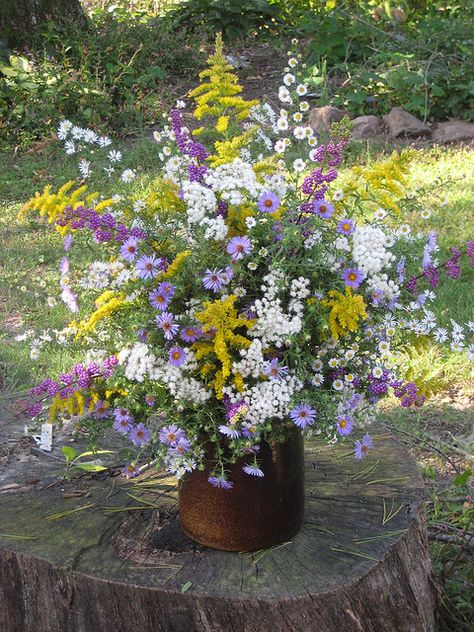 Late Summer/Autumn mix arrangement- Goldenrod, Asters, Queen Ann's Lace, etc Flower Bed Decor, Bouquet Champetre, Church Flowers, Beautiful Flower Arrangements, Deco Floral, Wedding Arrangements, Flower Bed, Wedding Flower Arrangements, Floral Display