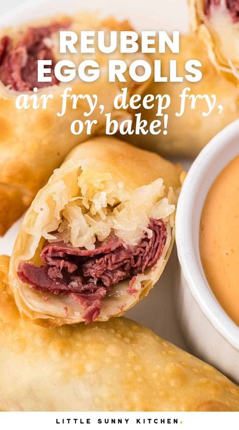 These easy Reuben Egg Rolls are the perfect easy appetizer for game days or gatherings. Air fry or deep fry for crispy egg rolls! Keto Air Fryer Cheeseburger Egg Rolls, Rueben Eggrolls Airfryer, Reuben Egg Rolls Air Fryer, Different Types Of Egg Rolls, Rueben Eggrolls, Freezable Appetizers, Egg Rolls Recipes, Deep Fried Egg Rolls, Reuben Egg Rolls