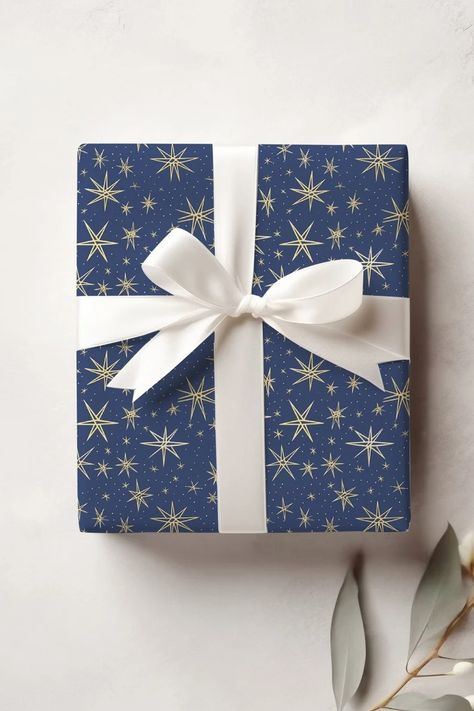 Christmas Gold Star Wrapping Paper: Navy star Wrap Xmas - Etsy Navy Christmas Wrapping, Blue Christmas Wrapping, Navy Blue Christmas, Navy Christmas, Creative Christmas Trees, Holiday Wrap, Christmas Wrapping Paper, Blue Christmas, Gold Star