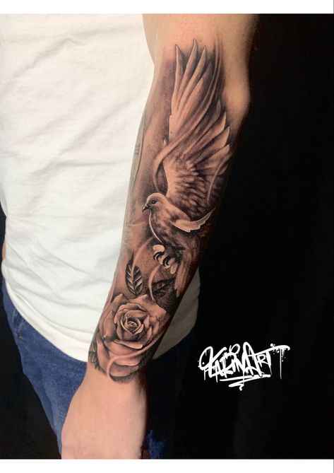 Dove Sleeve Tattoo Women, Rose With Bird Tattoo, Dove Sleeve Tattoo For Men, Dove Arm Tattoo, Dove Tattoo Men Forearm, Holy Spirit Tattoos For Women, Dove Forearm Tattoo, Dove Tattoo Sleeve, Rec Tattoo