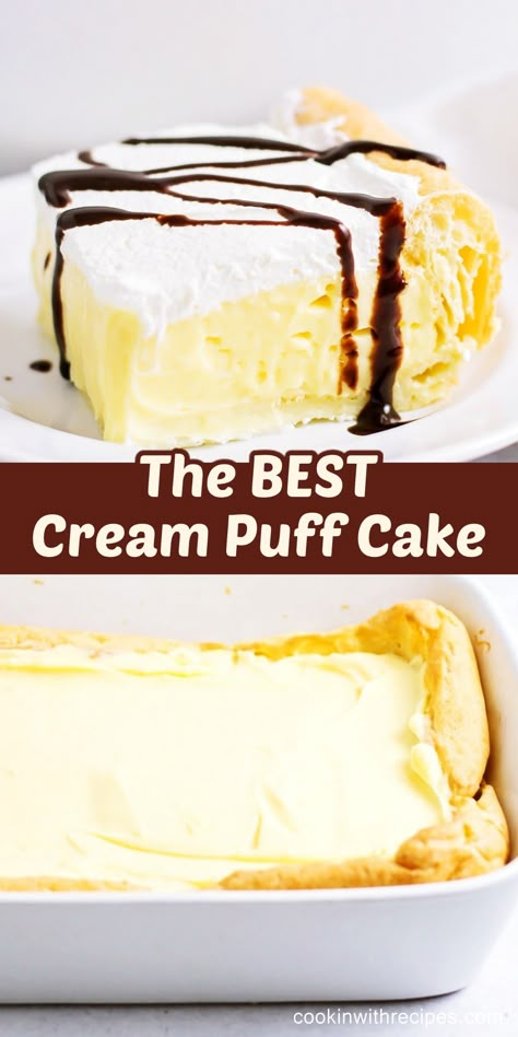 Cream Puff Pie Recipe, Cream Puff In A Pan, Eclairs Cake Recipe, Polish Cream Puff Cake, Creampuffs Dessert Recipe, Easy Cream Puff Cake, Creme Puff Dessert, Easy Cream Puffs Recipe, Cream Puff Recipes