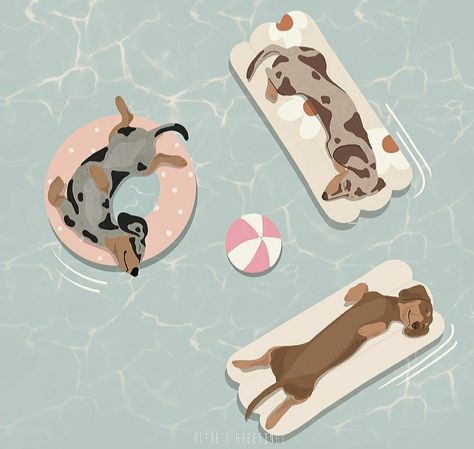 Summer Dog Wallpaper, Weiner Dog Aesthetic, Dachshund Art Illustration, Dachshund Doodle, Dog Illust, Dachshund Wallpaper, Arte Dachshund, Doxie Art, Dachshund Illustration