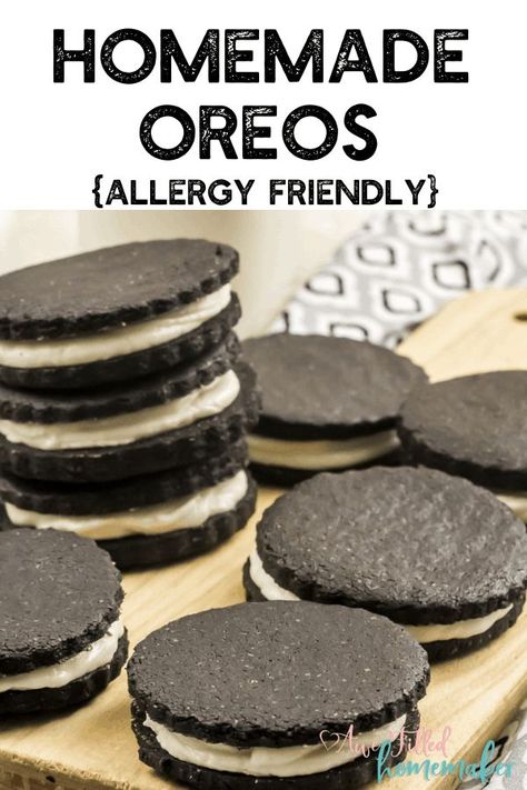 Score! Homemade Oreo Cookies that not only are delicious, they are also allergy friendly! Even a dairy free option! So if you have soy allergy, nut, gluten free and even vegan! Delicious! #Oreos #GlutenFree #SoyFree #Dessert #Bake #vegan Allergy Friendly Cookies, Oreo Recipe, Oreos Cookies, Homemade Oreo Cookies, Soy Allergy, Homemade Oreos, Soy Free Recipes, Oreo Recipes, Allergy Free Recipes