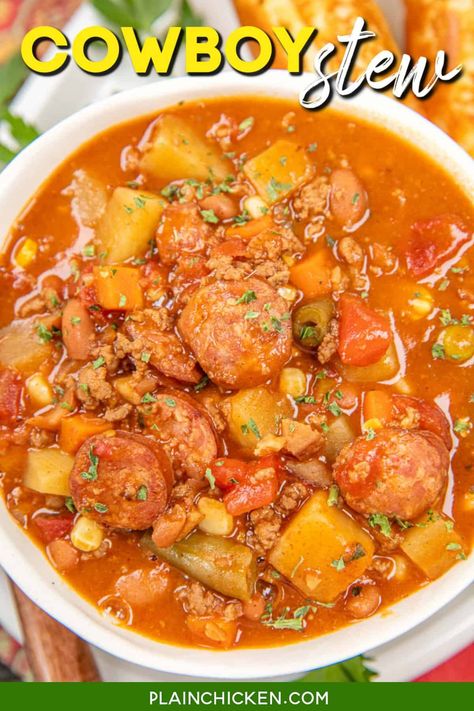 Paula Deen Soup Recipes, Pot Luck Cold Dishes, Crockpot Recipes With Sausage, Crockpot Recipes For Cold Weather, Chili And Potatoes, Stovetop Recipes Dinners, Veggie Broth Soup, Tomato Stew Recipes, Cowboy Stew Recipe Ground Beef Easy