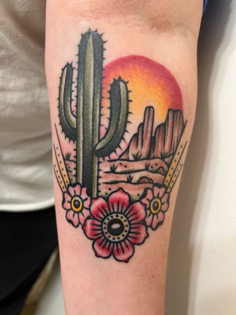 Texas Desert Tattoo, Traditional Desert Tattoo, Traditional Cactus Tattoo, Joshua Tree Tattoo, Az Tattoo, Desert Tattoo, Trad Tattoos, Arizona Tattoo, Colorado Tattoo