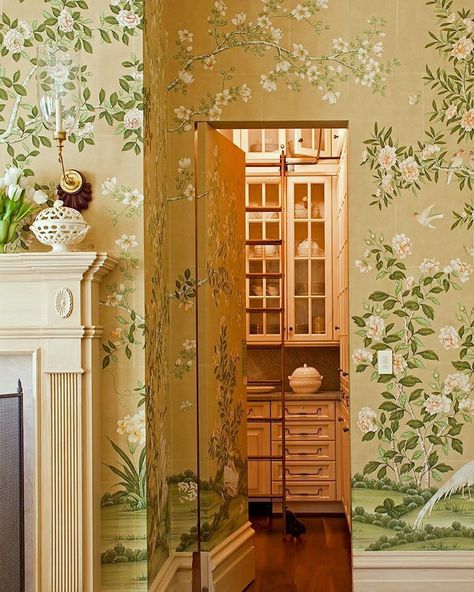 Designer Barry Dixon - photo - @erikkvalsvik - Gracie Ochre GardenWallpaper @graciestudio - instagram Jib Door, Deep Pantry, Bookcase Door, Faux Window, Southern Design, Hidden Rooms, Secret Door, Chinoiserie Wallpaper, Hidden Door