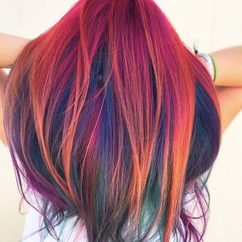 Autumn Vivid Hair, Red Orange Purple Hair, Fun Hair Color Ideas For Redheads, Thanksgiving Hair Color, Hair Sectioning For Color, Long Rainbow Hair, Fall Fashion Color Hair, Funky Summer Hair Color, Fall Fantasy Hair Color